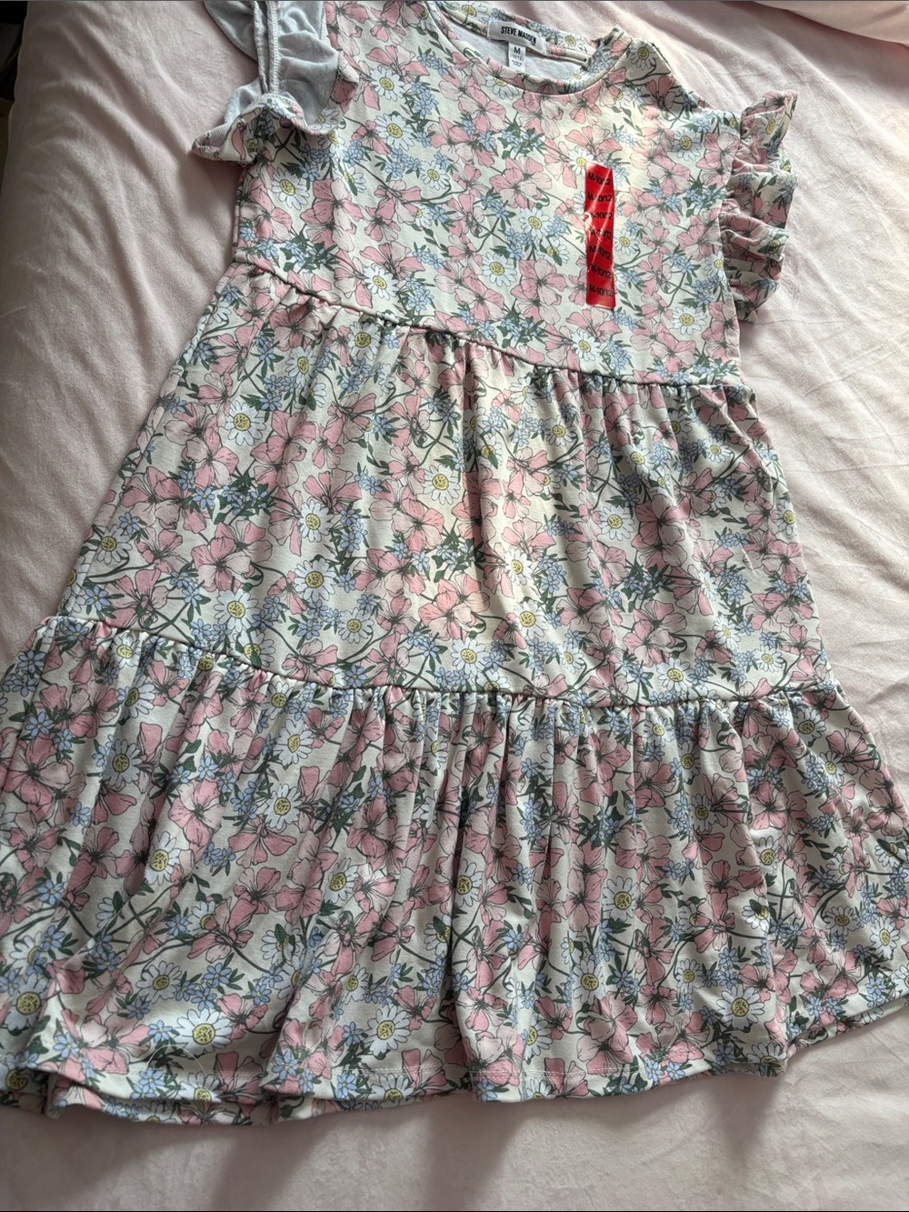Girls Floral Tiered Pink & White Casual Dress with Ruffle Sleeves